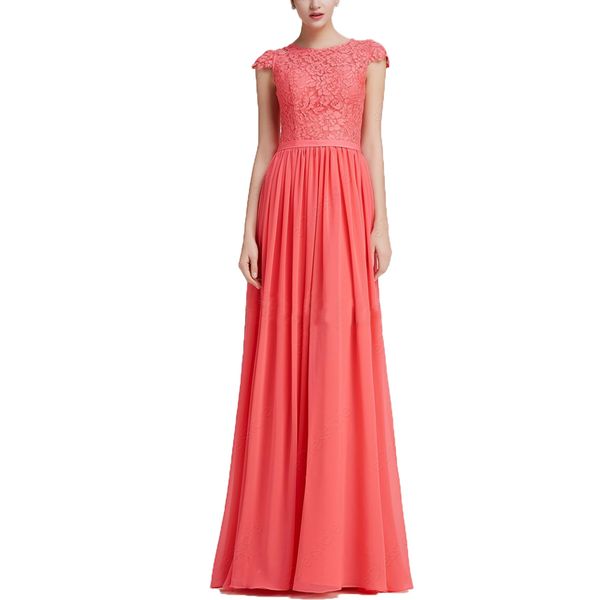 fashion simple lace coral evening dresses chiffon cap sleeves long prom dresses 2020 women party gowns online formal gown, Black;red